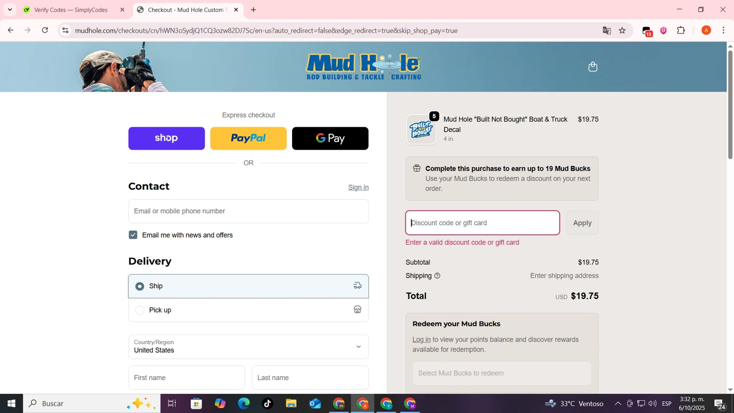 Mud Hole promo code screenshot showing code DECORATEIT10 applied at Mud Hole checkout page. Uploaded by SimplyCodes community member FrugalSentinel6206 on Oct 6, 2025