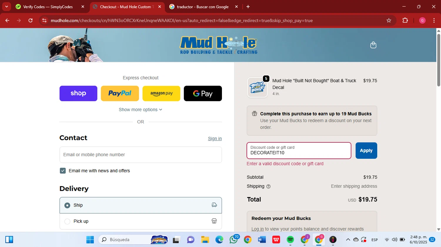 Mud Hole promo code screenshot showing code DECORATEIT10 applied at Mud Hole checkout page. Uploaded by SimplyCodes community member GGGilbert on Oct 6, 2025
