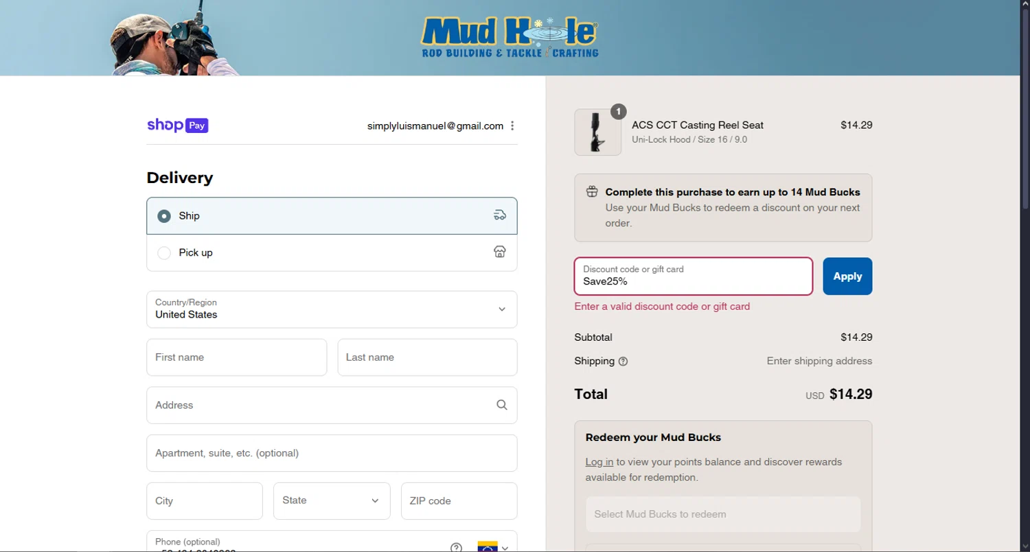 Mud Hole promo code screenshot showing code Save25% applied at Mud Hole checkout page. Uploaded by SimplyCodes community member MoneyScout2554 on Aug 9, 2025