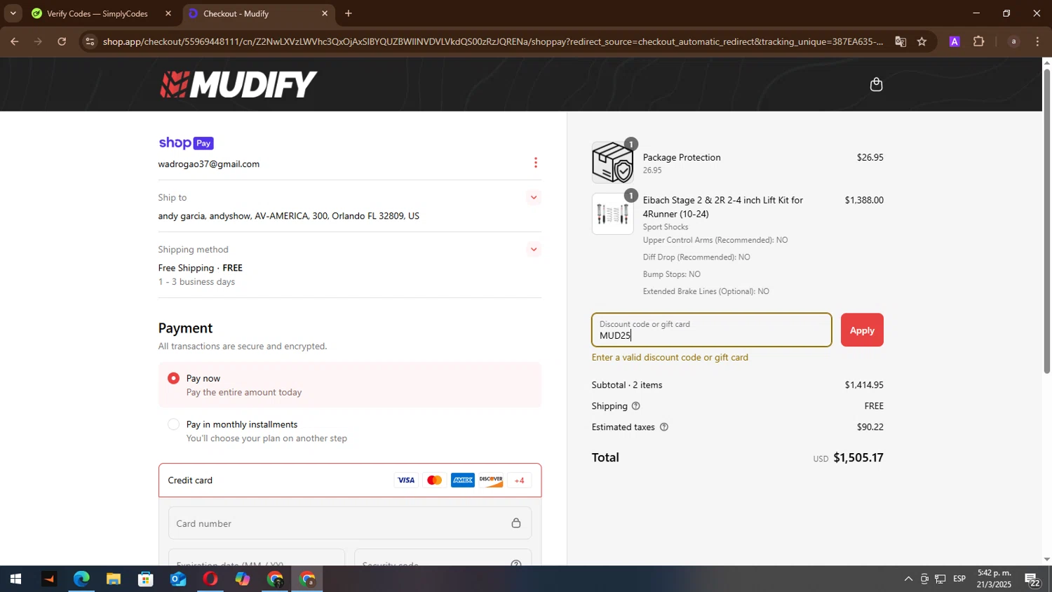 Mudify discount code screenshot showing code MUD25 applied at Mudify checkout page. Uploaded by SimplyCodes community member lisandro on Mar 21, 2025