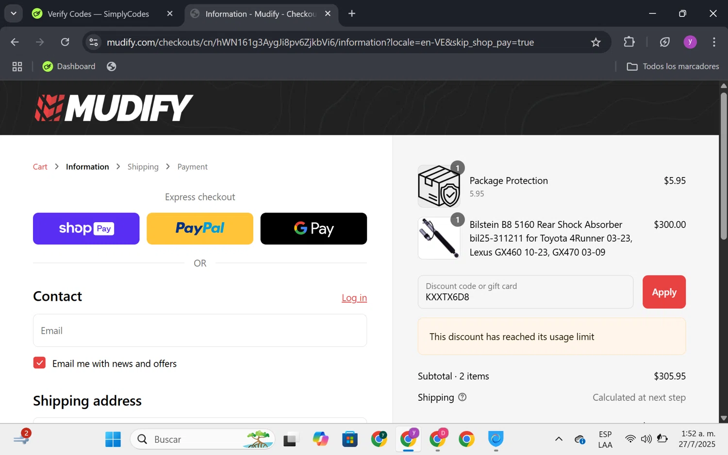 Mudify discount code screenshot showing code KXXTX6D8 applied at Mudify checkout page. Uploaded by SimplyCodes community member FrugalKnight6753 on Jul 27, 2025