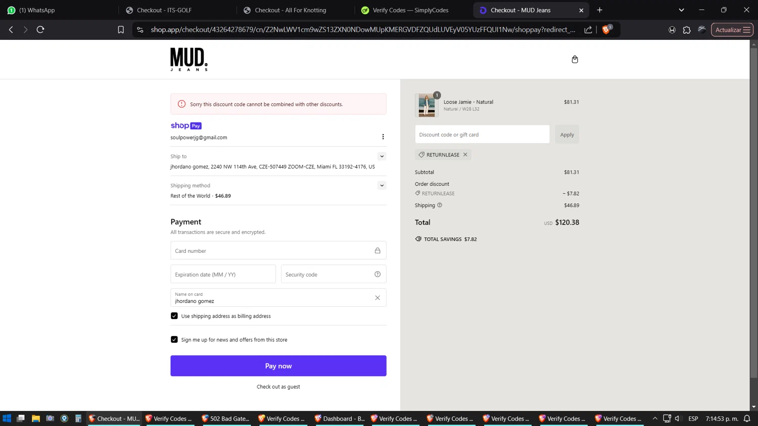 MUD Jeans discount code screenshot showing code RETURNLEASE applied at MUD Jeans checkout page. Uploaded by SimplyCodes community member SimplyGOAT on Jan 19, 2025