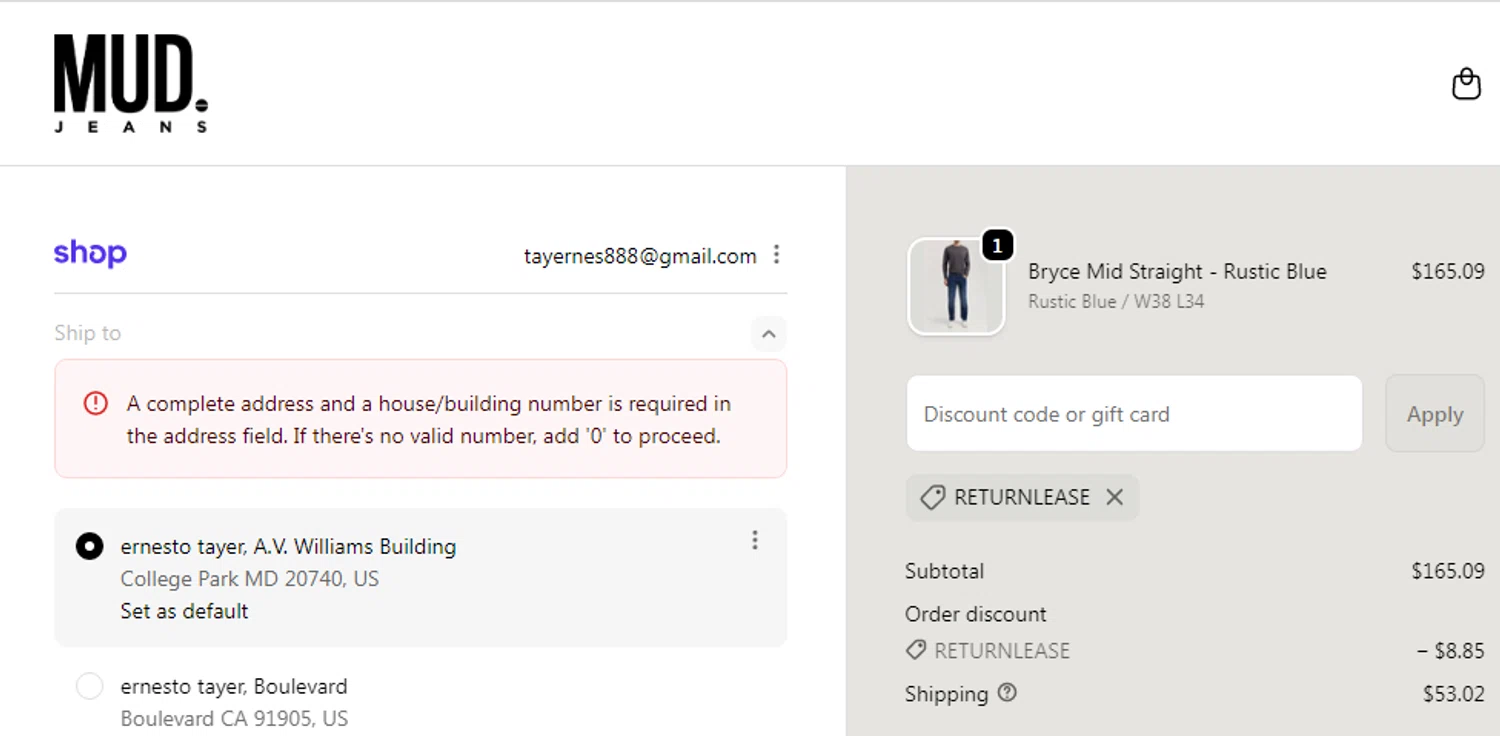 MUD Jeans discount code screenshot showing code RETURNLEASE applied at MUD Jeans checkout page. Uploaded by SimplyCodes community member Veronicas on Nov 16, 2025