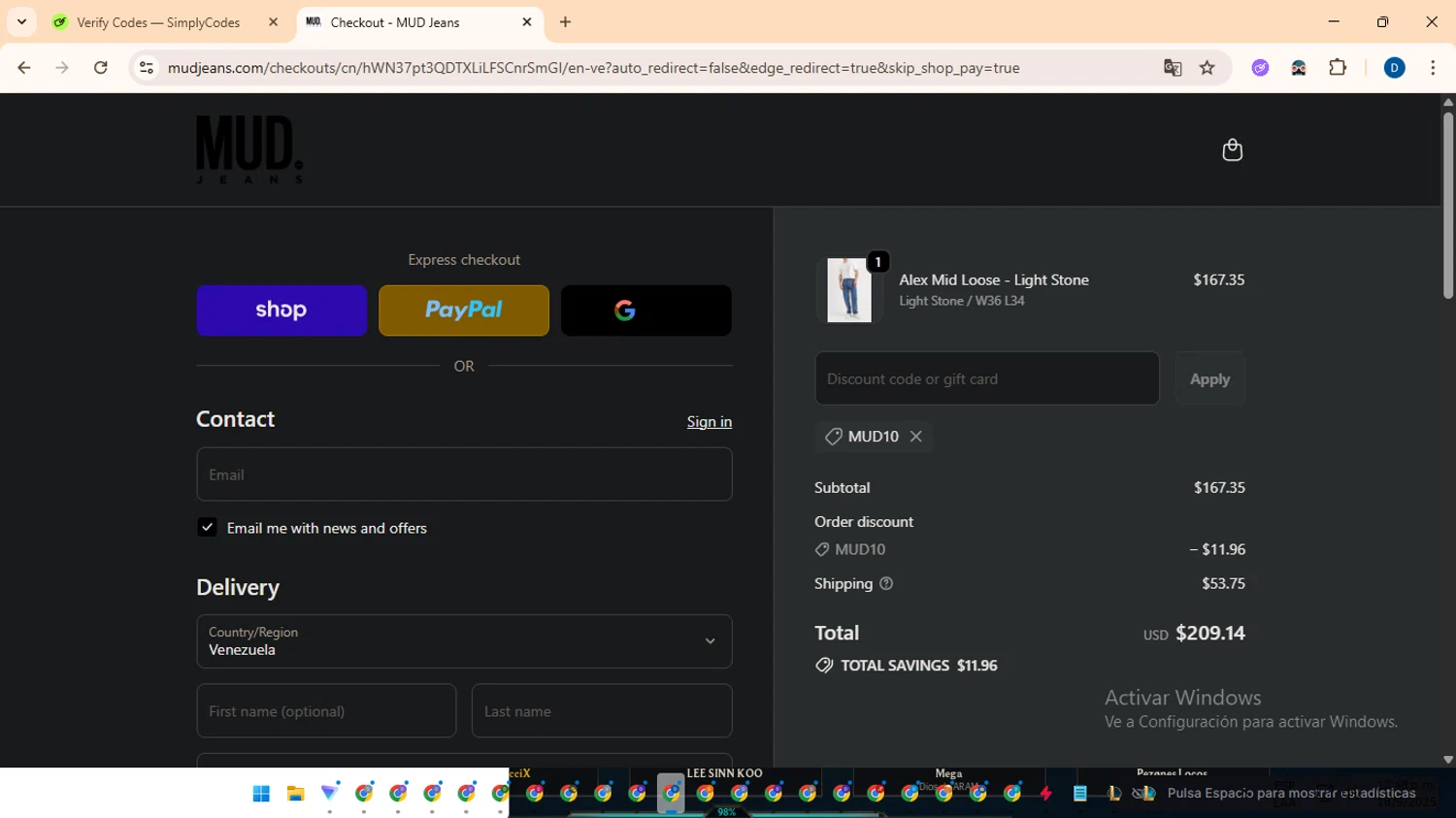 MUD Jeans discount code screenshot showing code MUD10 applied at MUD Jeans checkout page. Uploaded by SimplyCodes community member DealVoyager8768 on Sep 18, 2025