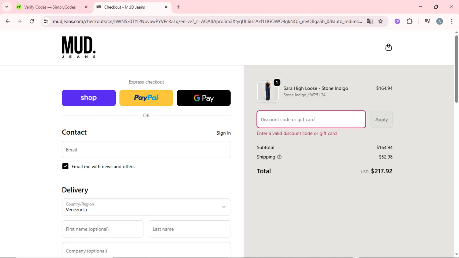 MUD Jeans discount code screenshot showing code WELCOME10 applied at MUD Jeans checkout page. Uploaded by SimplyCodes community member CrownSpotter6947 on Dec 2, 2025