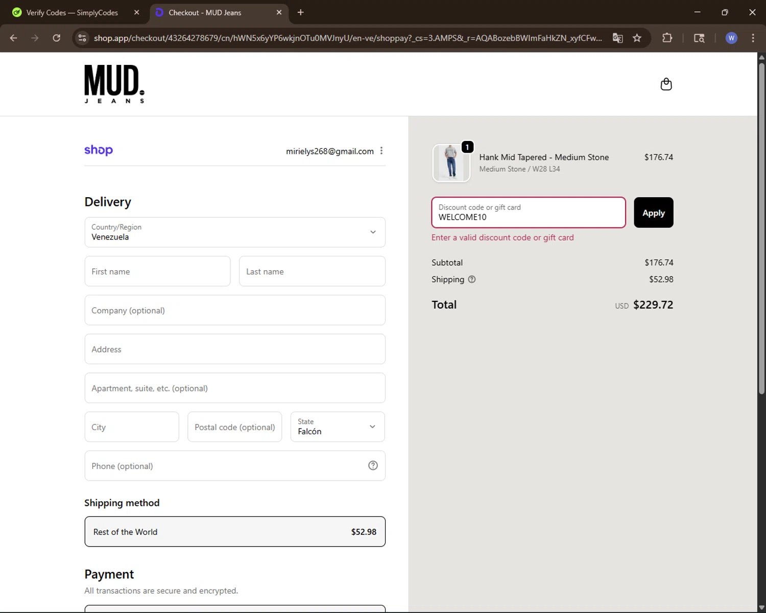 MUD Jeans discount code screenshot showing code WELCOME10 applied at MUD Jeans checkout page. Uploaded by SimplyCodes community member VoucherElite7352 on Dec 2, 2025
