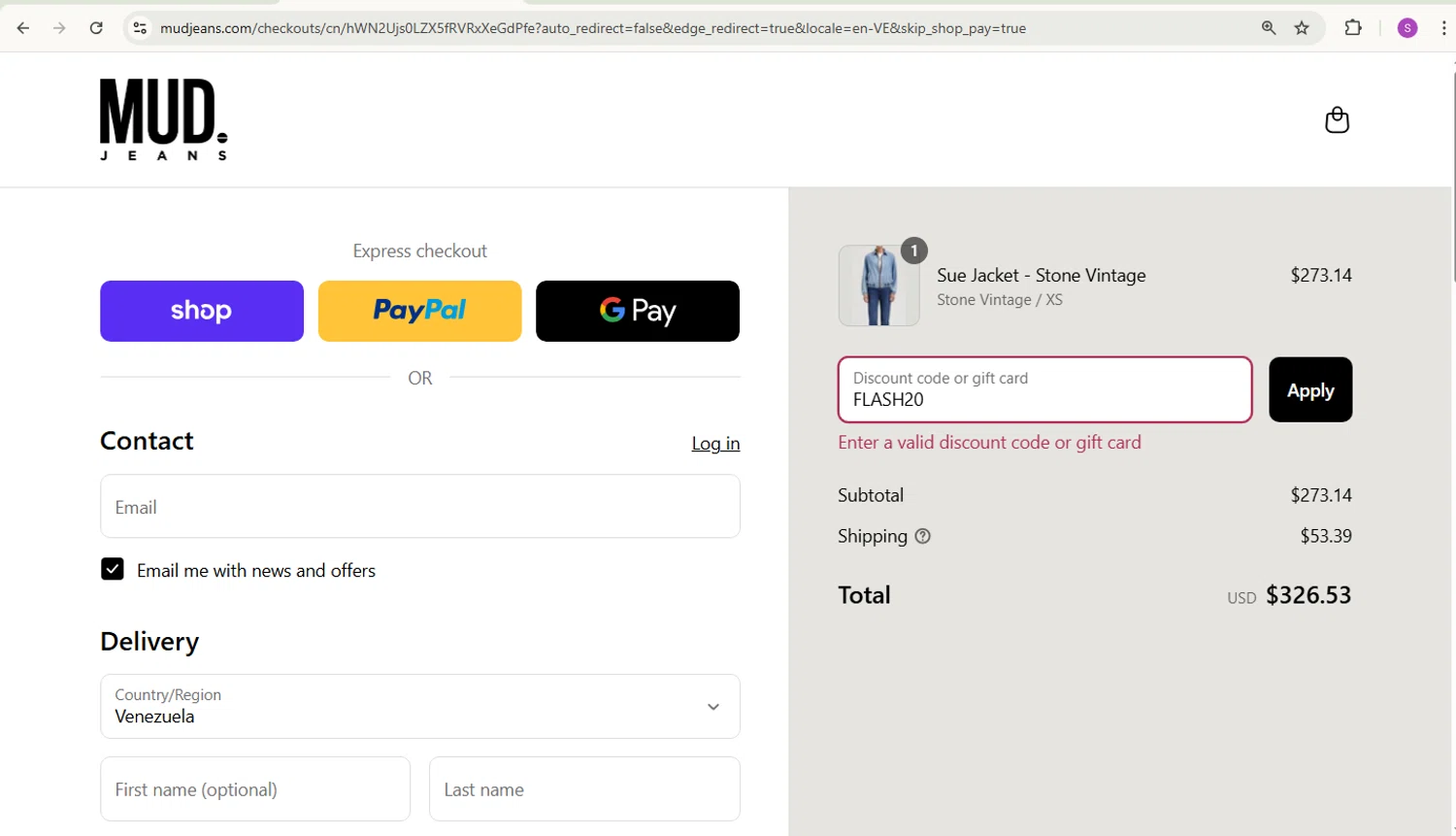 MUD Jeans discount code screenshot showing code FLASH20 applied at MUD Jeans checkout page. Uploaded by SimplyCodes community member sakisaki on Sep 2, 2025