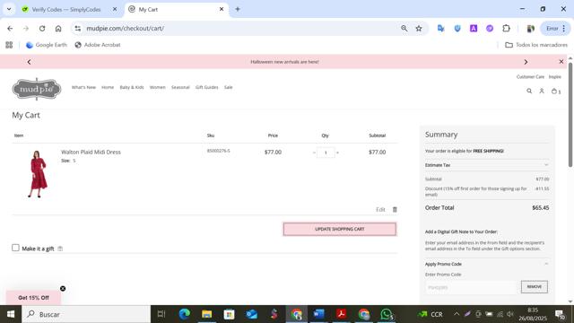 Mud Pie checkout page showing Mud Pie promo code box | Screenshot taken by SimplyCodes community member on Aug 26, 2025