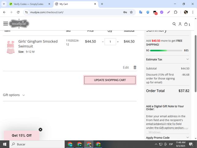 Mud Pie checkout page showing Mud Pie promo code box | Screenshot taken by SimplyCodes community member on Aug 3, 2025