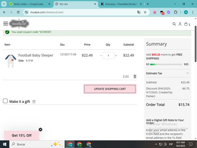 Mud Pie checkout page showing Mud Pie promo code box | Screenshot taken by SimplyCodes community member on Sep 6, 2025