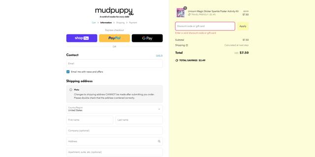 Mudpuppy checkout page showing Mudpuppy discount code box | Screenshot taken by SimplyCodes community member on May 22, 2025