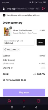 WELCOME coupon verification screenshot