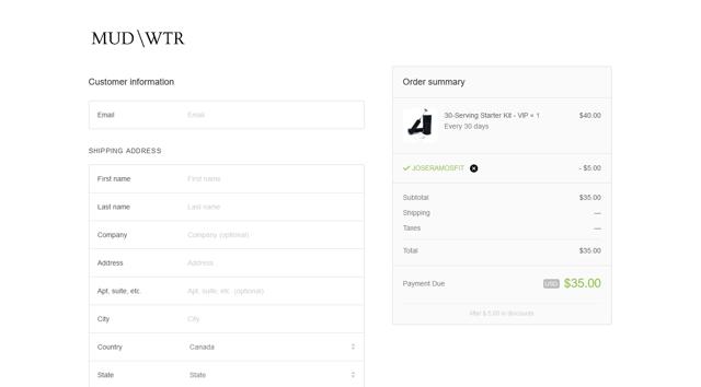 MUD/WTR checkout page showing MUD/WTR discount code box | Screenshot taken by SimplyCodes community member on Feb 14, 2021
