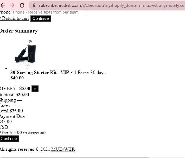 MUD/WTR checkout page showing MUD/WTR discount code box | Screenshot taken by SimplyCodes community member on Mar 9, 2021