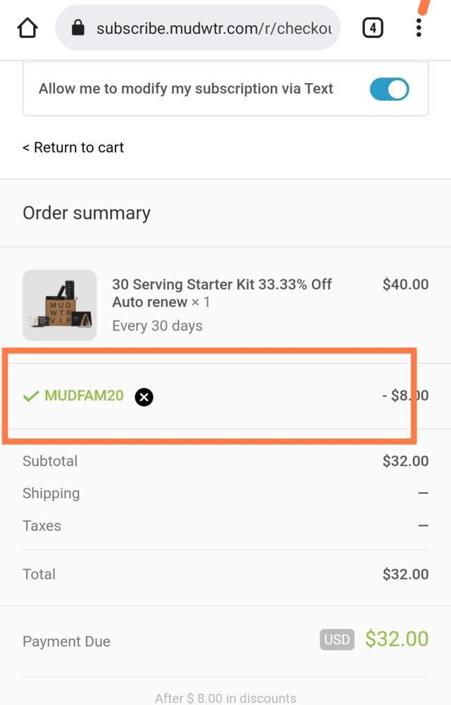 MUD/WTR checkout page showing MUD/WTR discount code box | Screenshot taken by SimplyCodes community member on Jun 8, 2022