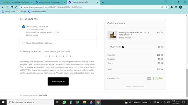 MUD/WTR checkout page showing MUD/WTR discount code box | Screenshot taken by SimplyCodes community member on Jul 13, 2022