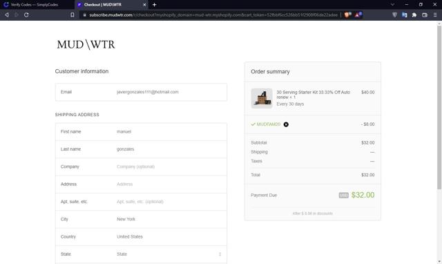 MUD/WTR checkout page showing MUD/WTR discount code box | Screenshot taken by SimplyCodes community member on May 30, 2022