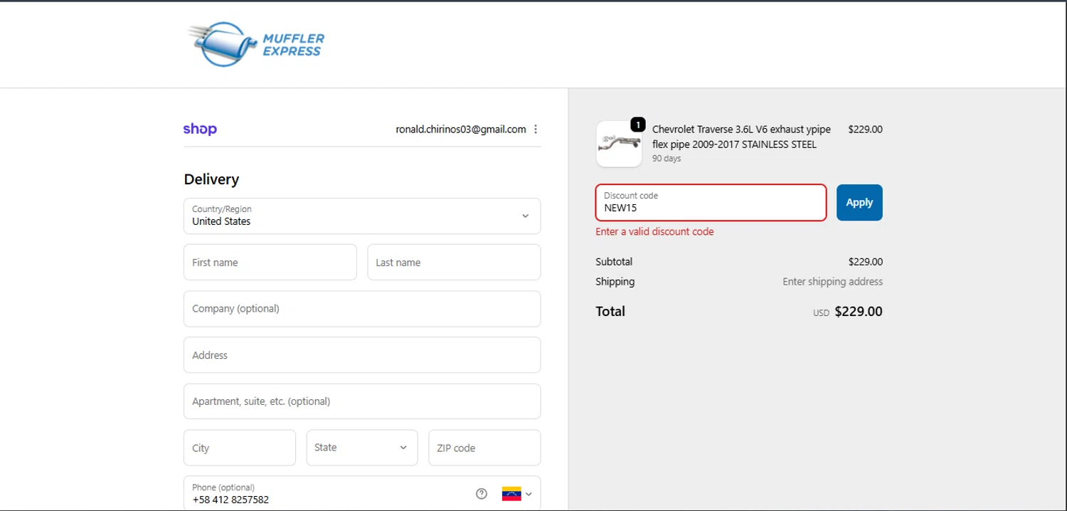 Muffler Express discount code screenshot showing code NEW15 applied at Muffler Express checkout page. Uploaded by SimplyCodes community member PennySage5996 on Feb 13, 2026