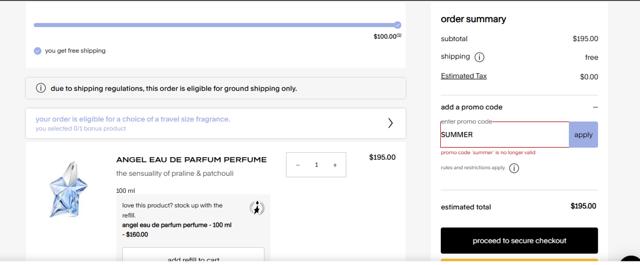 Mugler checkout page showing Mugler promo code box | Screenshot taken by SimplyCodes community member on Jul 18, 2025
