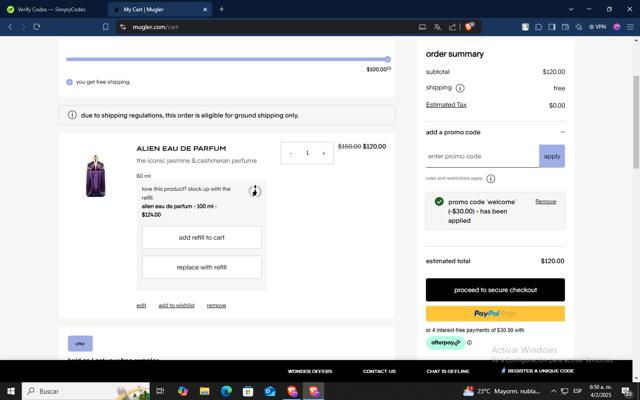 Mugler checkout page showing Mugler promo code box | Screenshot taken by SimplyCodes community member on Feb 4, 2025