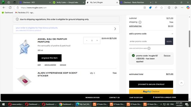 Mugler checkout page showing Mugler promo code box | Screenshot taken by SimplyCodes community member on Jan 6, 2025