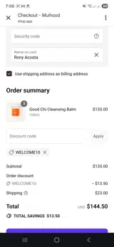 Welcome10 coupon verification screenshot