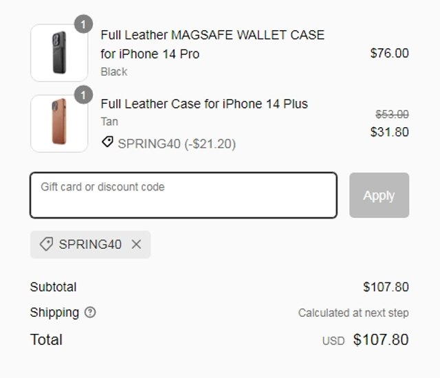 Mujjo checkout page showing Mujjo discount code box | Screenshot taken by SimplyCodes community member on May 10, 2023