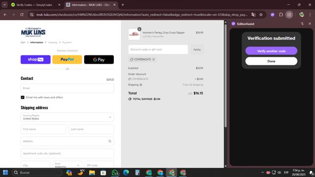 MUK LUKS checkout page showing MUK LUKS coupon code box | Screenshot taken by SimplyCodes community member on Aug 21, 2025