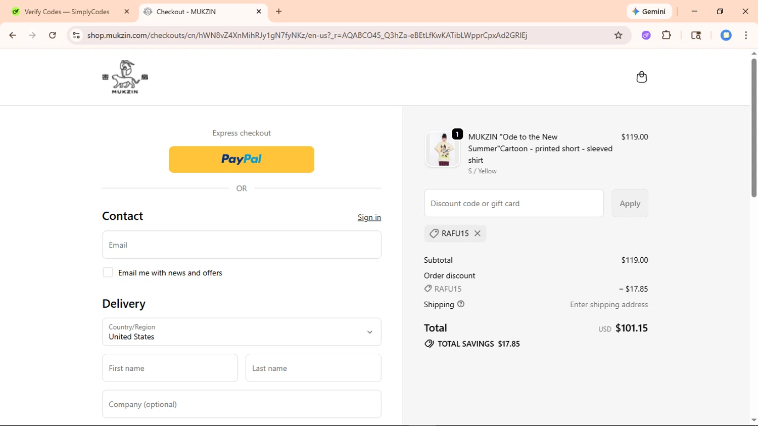 Mukzin checkout page showing Mukzin discount code box | Screenshot taken by SimplyCodes community member on Feb 18, 2026
