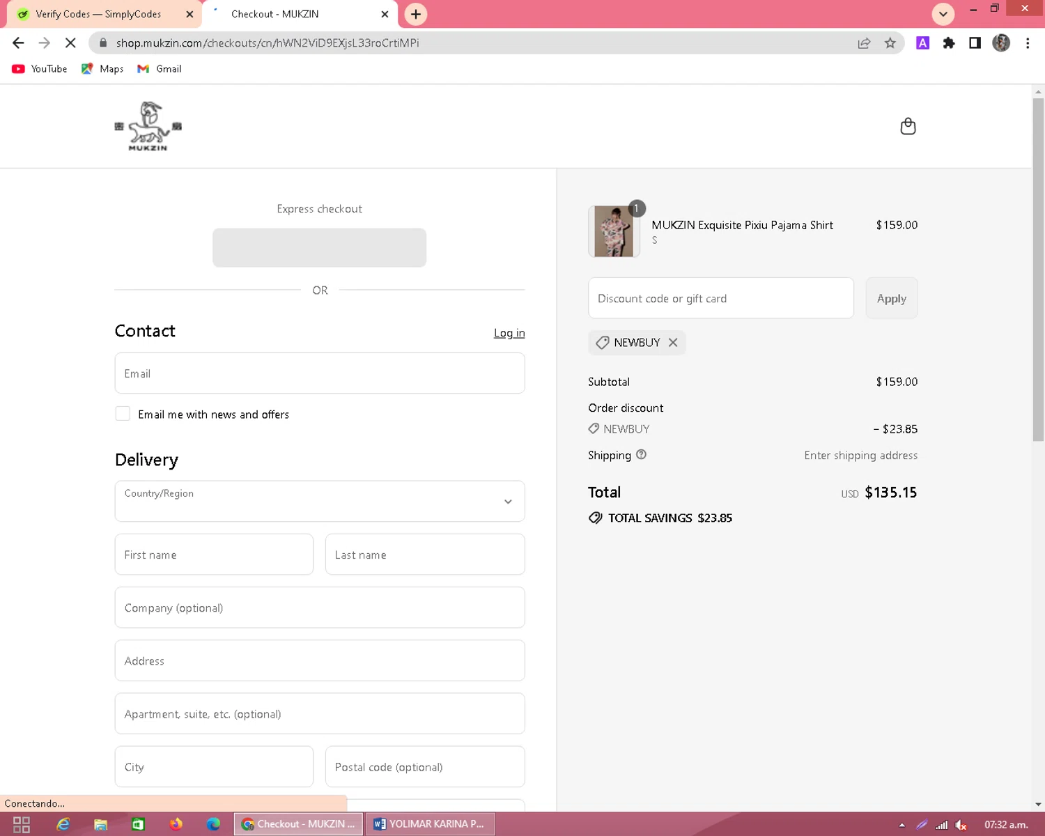 Mukzin discount code screenshot showing code newbuy applied at Mukzin checkout page. Uploaded by SimplyCodes community member Carlos54 on Sep 2, 2025