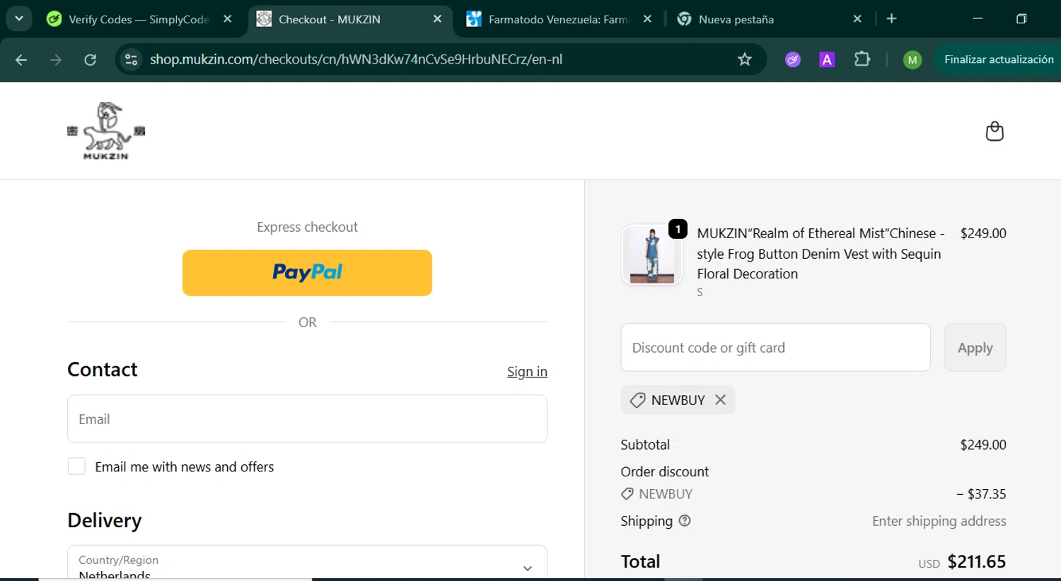 Mukzin discount code screenshot showing code newbuy applied at Mukzin checkout page. Uploaded by SimplyCodes community member MARCVH on Oct 26, 2025