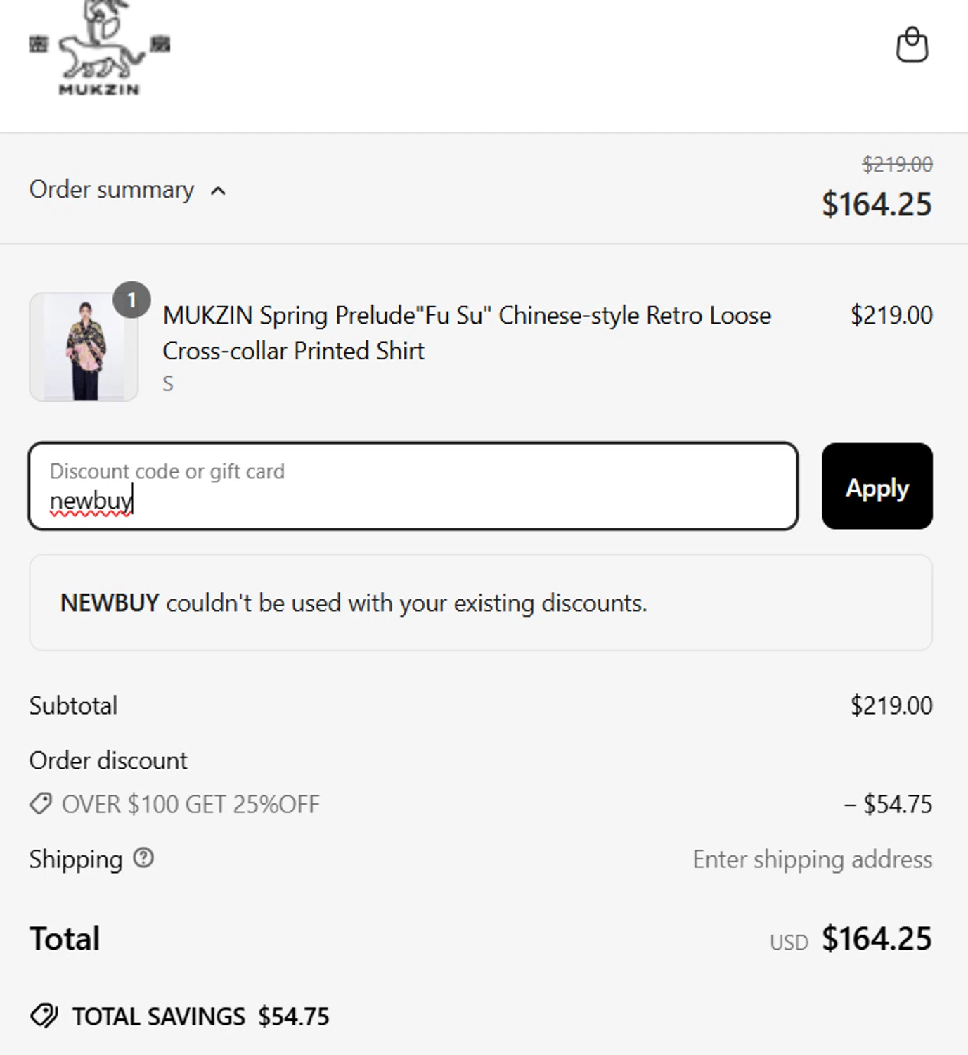 Mukzin discount code screenshot showing code newbuy applied at Mukzin checkout page. Uploaded by SimplyCodes community member ScanMaverick784 on Apr 13, 2025