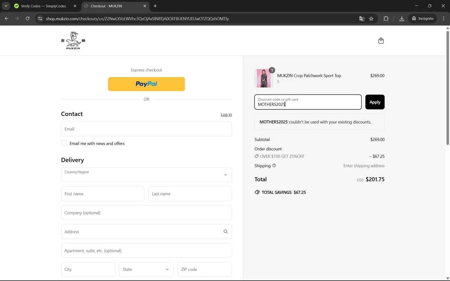 Mukzin discount code screenshot showing code MOTHERS2025 applied at Mukzin checkout page. Uploaded by SimplyCodes community member juan1702 on Apr 20, 2025