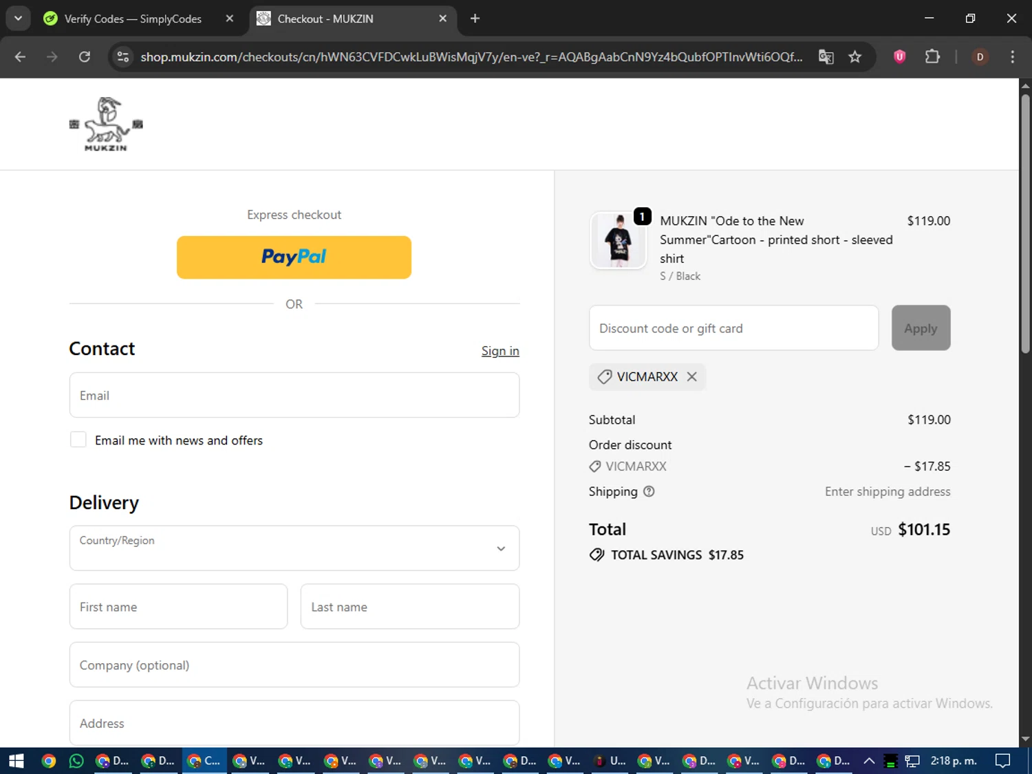 Mukzin discount code screenshot showing code VICMARXX applied at Mukzin checkout page. Uploaded by SimplyCodes community member liltecca on Dec 4, 2025