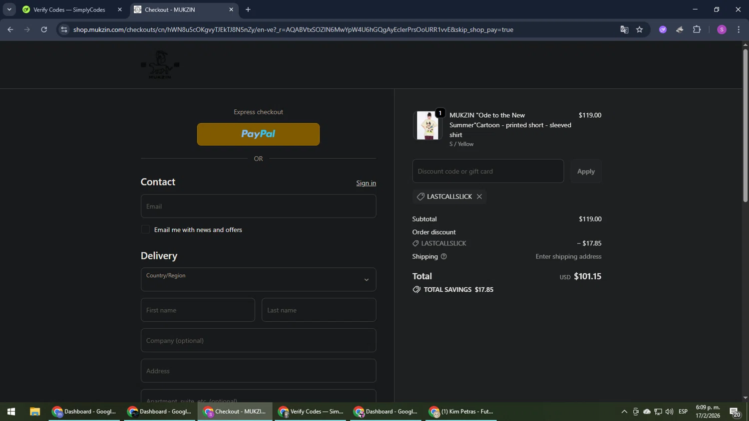 Mukzin discount code screenshot showing code lastcallslick applied at Mukzin checkout page. Uploaded by SimplyCodes community member Son_Goku on Feb 17, 2026