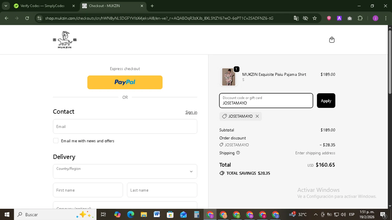 Mukzin discount code screenshot showing code JOSETAMAYO applied at Mukzin checkout page. Uploaded by SimplyCodes community member Tazbravo on Feb 19, 2026