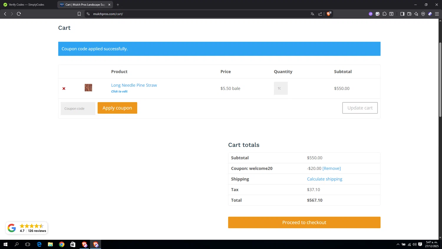 Mulch Pros promo code screenshot showing code WELCOME20 applied at Mulch Pros checkout page. Uploaded by SimplyCodes community member miguel01 on Dec 27, 2025