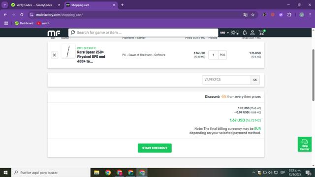 MuleFactory checkout page showing MuleFactory coupon code box | Screenshot taken by SimplyCodes community member on Aug 13, 2025