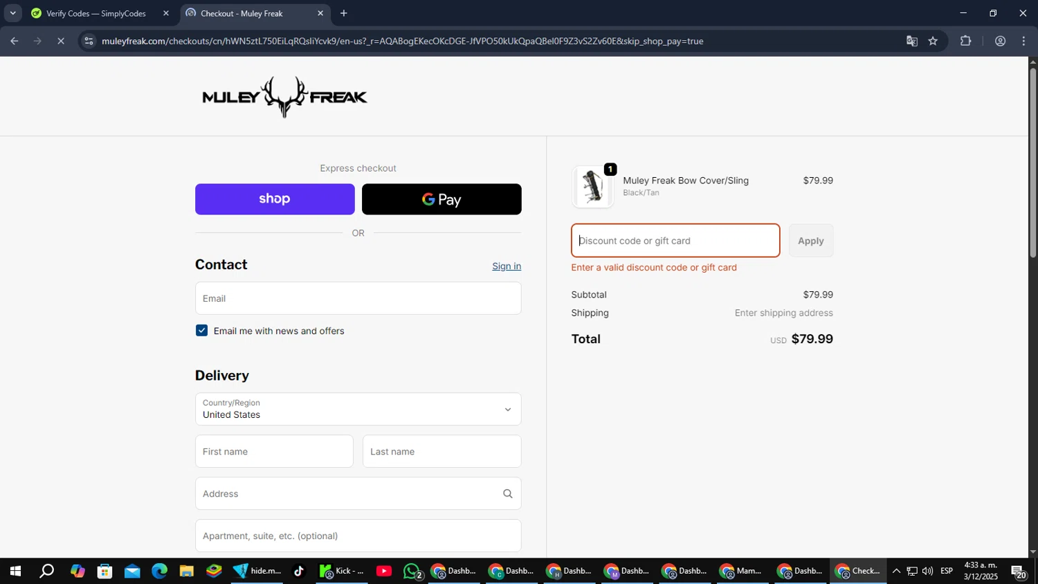 Muley Freak discount code screenshot showing code MF10 applied at Muley Freak checkout page. Uploaded by SimplyCodes community member Cynoxx on Dec 3, 2025