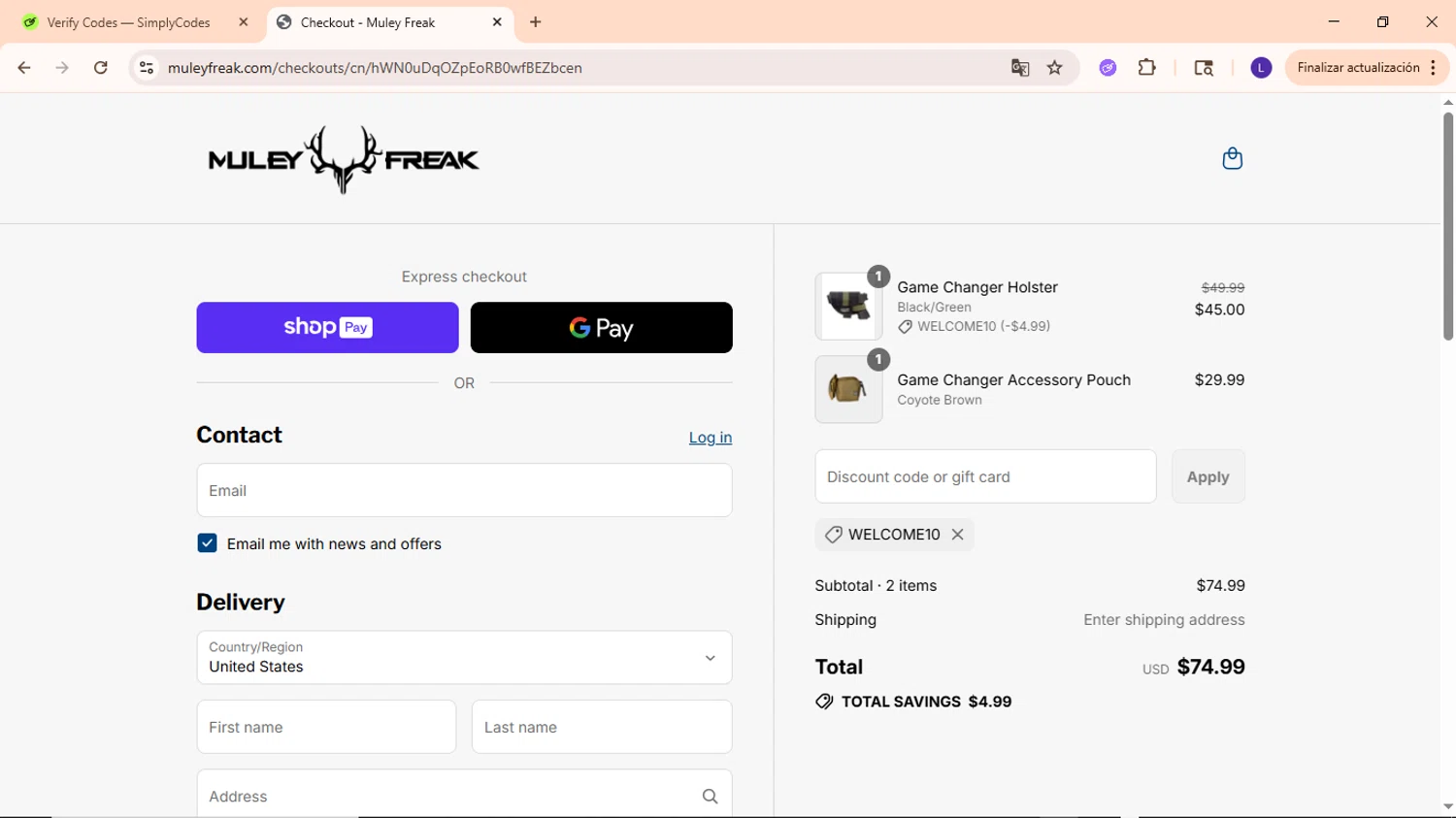 Muley Freak discount code screenshot showing code WELCOME10 applied at Muley Freak checkout page. Uploaded by SimplyCodes community member EpicWarden3081 on Jul 22, 2025
