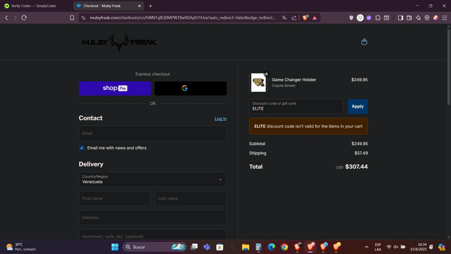 Muley Freak discount code screenshot showing code ELITE applied at Muley Freak checkout page. Uploaded by SimplyCodes community member FortunateRanger1171 on Aug 15, 2025