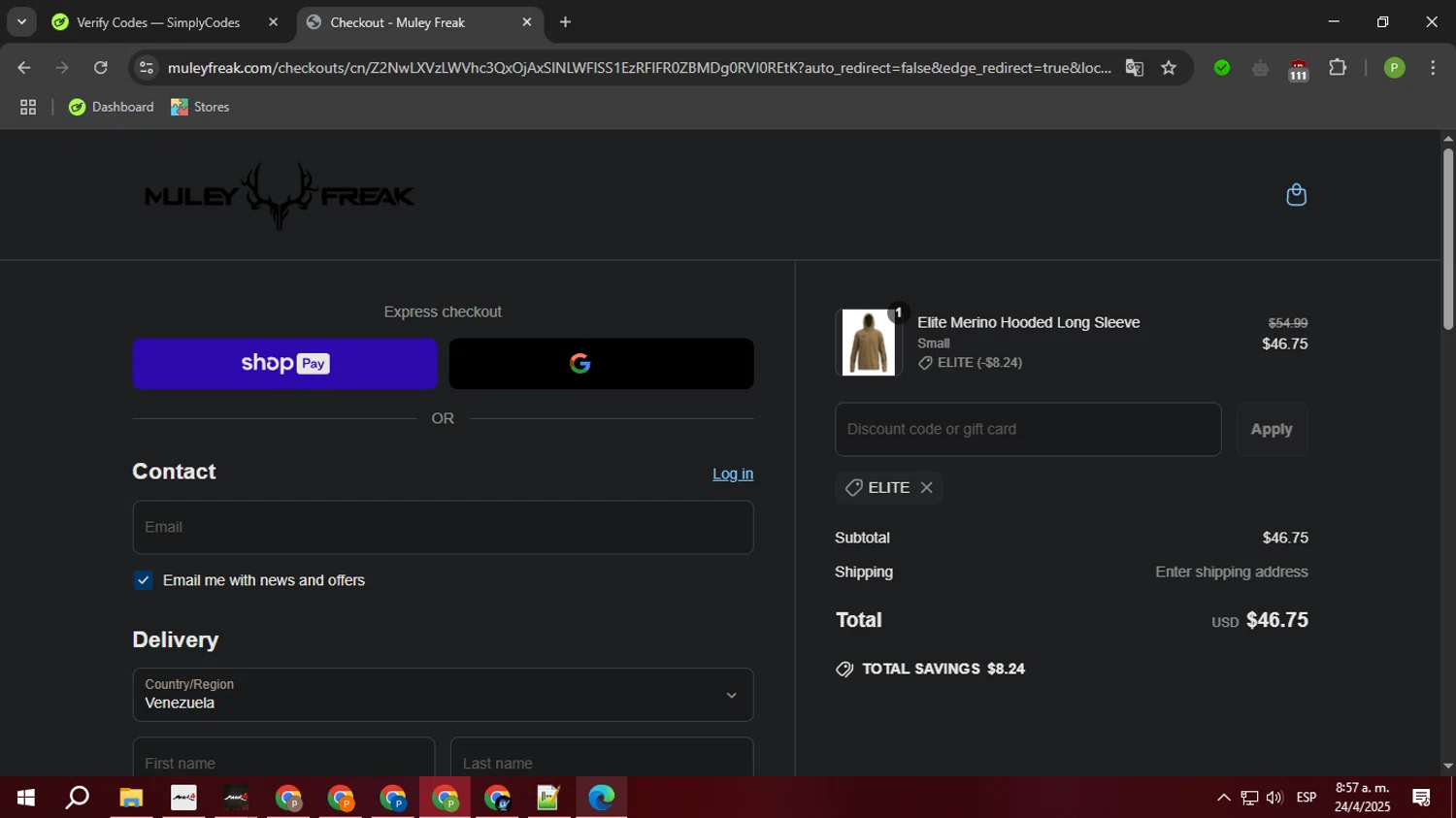 Muley Freak discount code screenshot showing code ELITE applied at Muley Freak checkout page. Uploaded by SimplyCodes community member FortunateTiger3302 on Apr 24, 2025