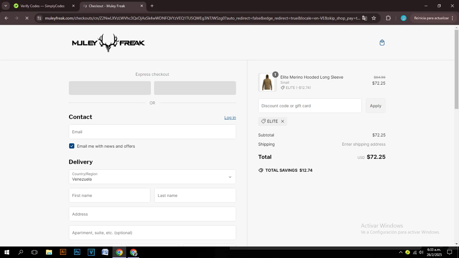 Muley Freak discount code screenshot showing code ELITE applied at Muley Freak checkout page. Uploaded by SimplyCodes community member girly08 on Feb 26, 2025
