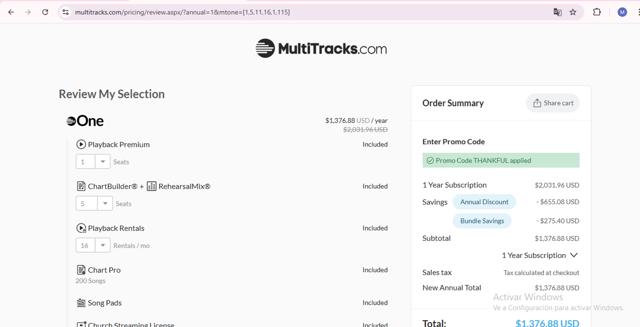 MultiTracks checkout page showing MultiTracks promo code box | Screenshot taken by SimplyCodes community member on Nov 30, 2024