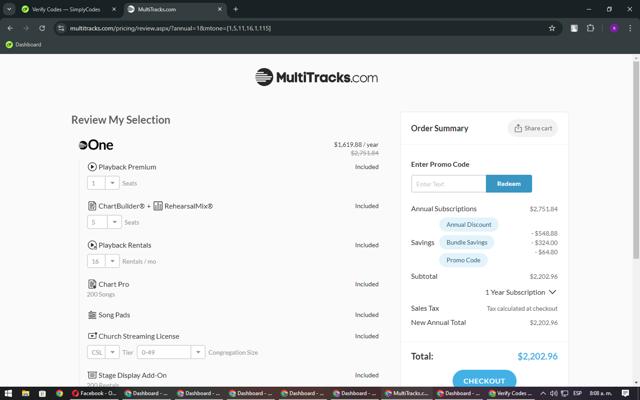 MultiTracks checkout page showing MultiTracks promo code box | Screenshot taken by SimplyCodes community member on Aug 16, 2024