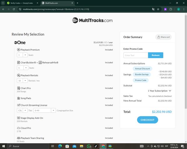 MultiTracks checkout page showing MultiTracks promo code box | Screenshot taken by SimplyCodes community member on Aug 22, 2024