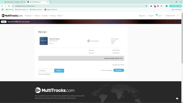 MultiTracks checkout page showing MultiTracks promo code box | Screenshot taken by SimplyCodes community member on Apr 15, 2025