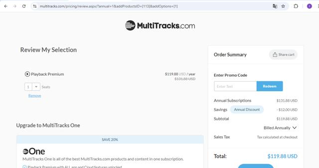 MultiTracks checkout page showing MultiTracks promo code box | Screenshot taken by SimplyCodes community member on Sep 5, 2024