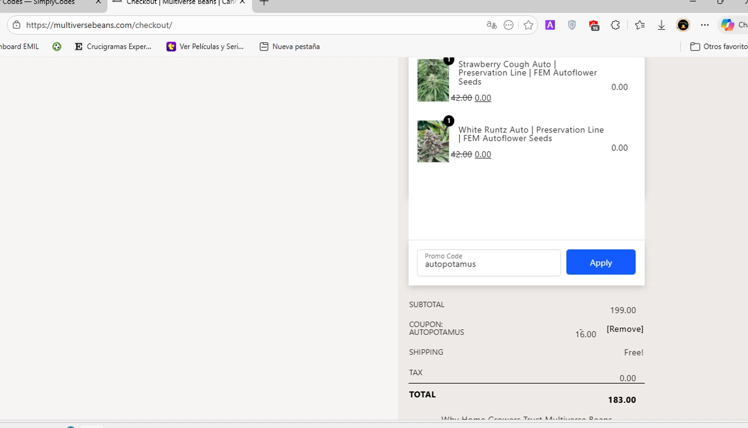 Multiverse Beans promo code screenshot showing code autopotamus applied at Multiverse Beans checkout page. Uploaded by SimplyCodes community member EJL_MIQUILENA on Jan 21, 2026