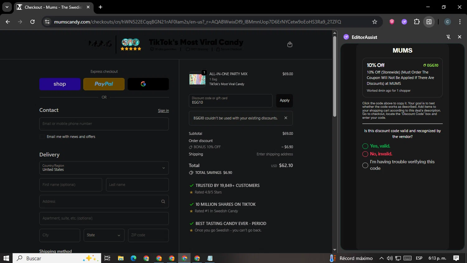 MUMS discount code screenshot showing code EGG10 applied at MUMS checkout page. Uploaded by SimplyCodes community member BrilliantFox6031 on Nov 7, 2025